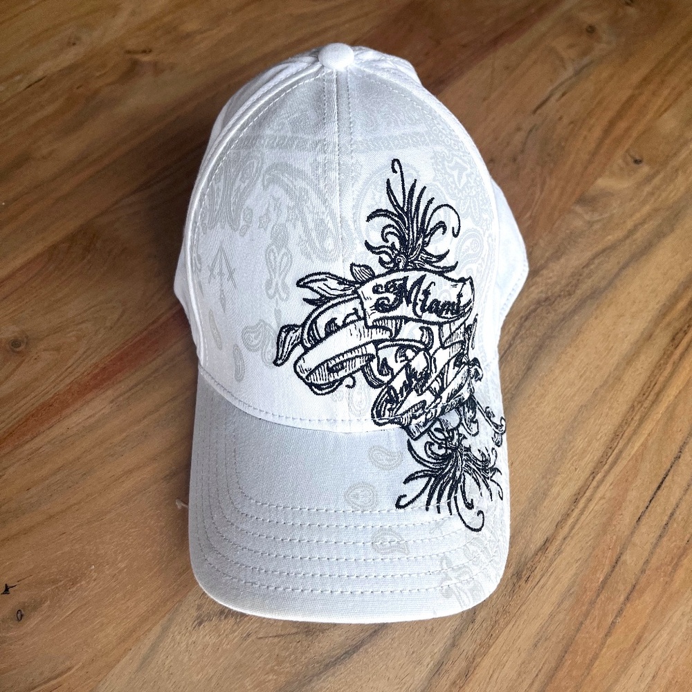 Miami Ink baseball cap white with black embroidered art and gray screened print